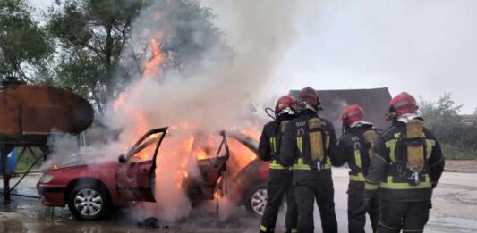 Unos bomberos apagan el fuego de un turismo.