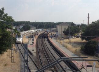 Un Regional y un Alvia se cruzan en la estación de Dueñas.