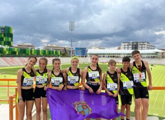 Alba, Marta, Sara, Tania, Álvaro, Alonso y Mario, del Club Atletismo Puentecillas