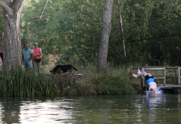 Joven tirándose al canal de Castilla en la Dársena del Canal de Palencia