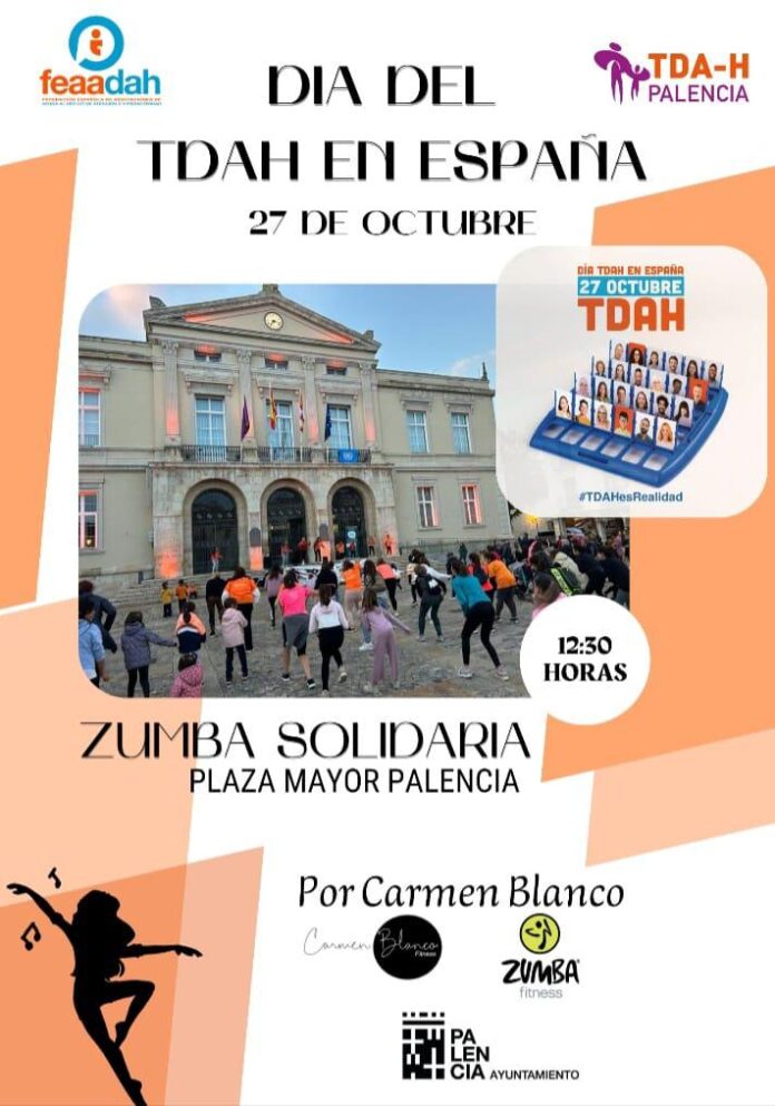 Cartel del Día del TDAH en España, del evento solidario de Zumba en Palencia